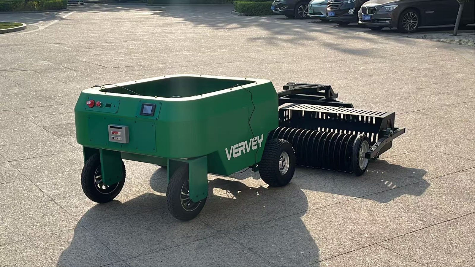 Vervey turf robot with rake attachment